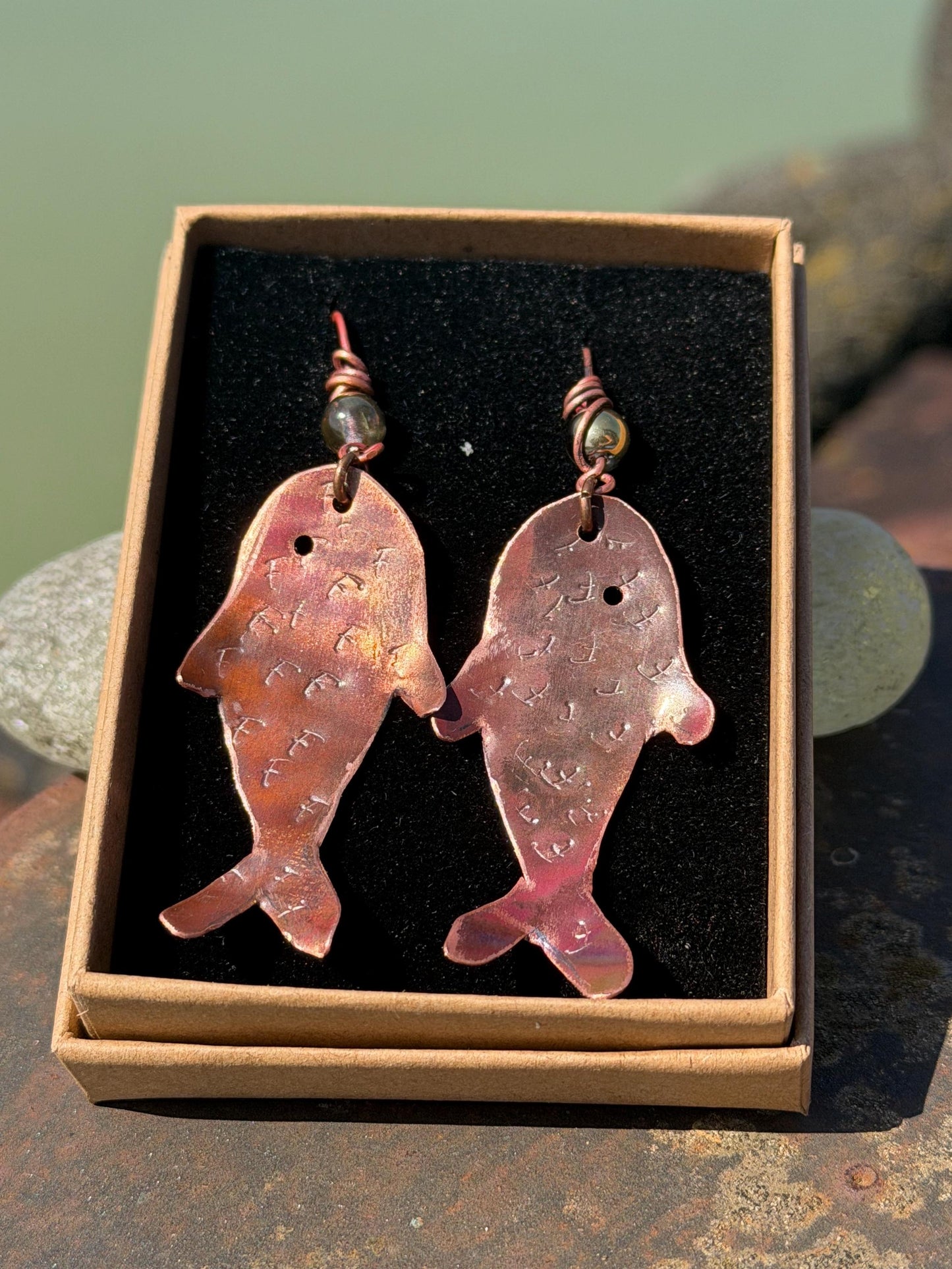 Handmade fish earrings made from recycled copper. Fish jewellery. Handmade earrings. Eco friendly jewellery. Ethical jewellery. Rustic