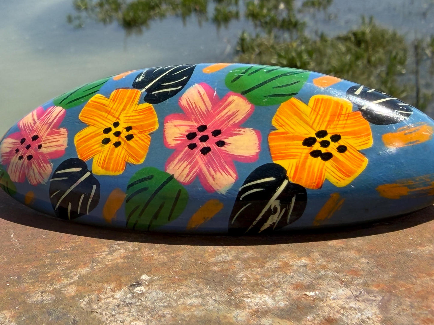 Vintage wooden hair clip. Large hair clip. Painted wood with flower design. Eco friendly hair accessories. Boho hair fastener. Hand painted