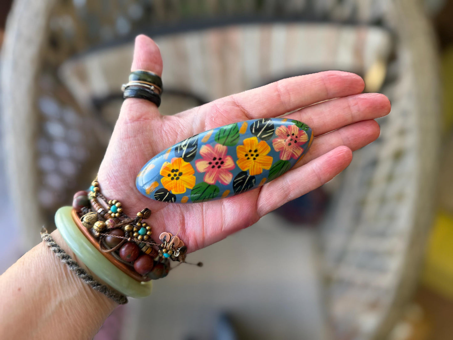 Vintage wooden hair clip. Large hair clip. Painted wood with flower design. Eco friendly hair accessories. Boho hair fastener. Hand painted