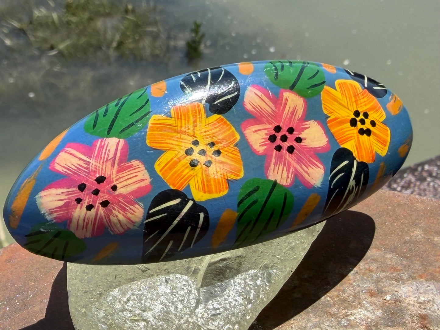 Vintage wooden hair clip. Large hair clip. Painted wood with flower design. Eco friendly hair accessories. Boho hair fastener. Hand painted