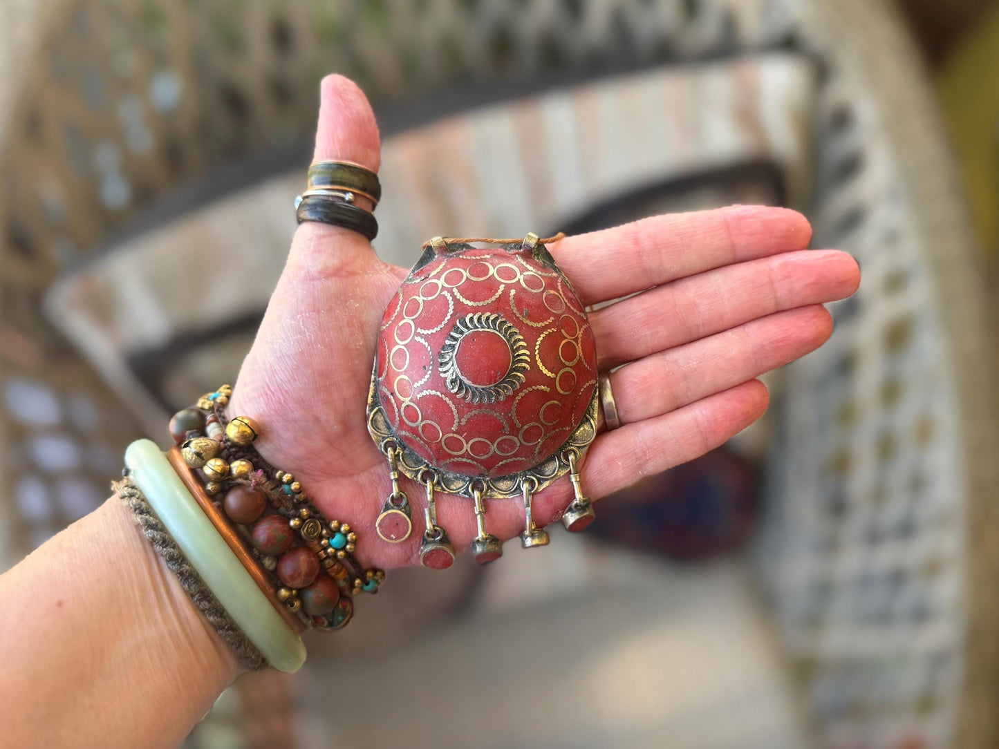 Gypsy jewellery. Very large statement necklace. Vintage jewellery, ethical jewellery, red pendant, boho necklace, unique necklace