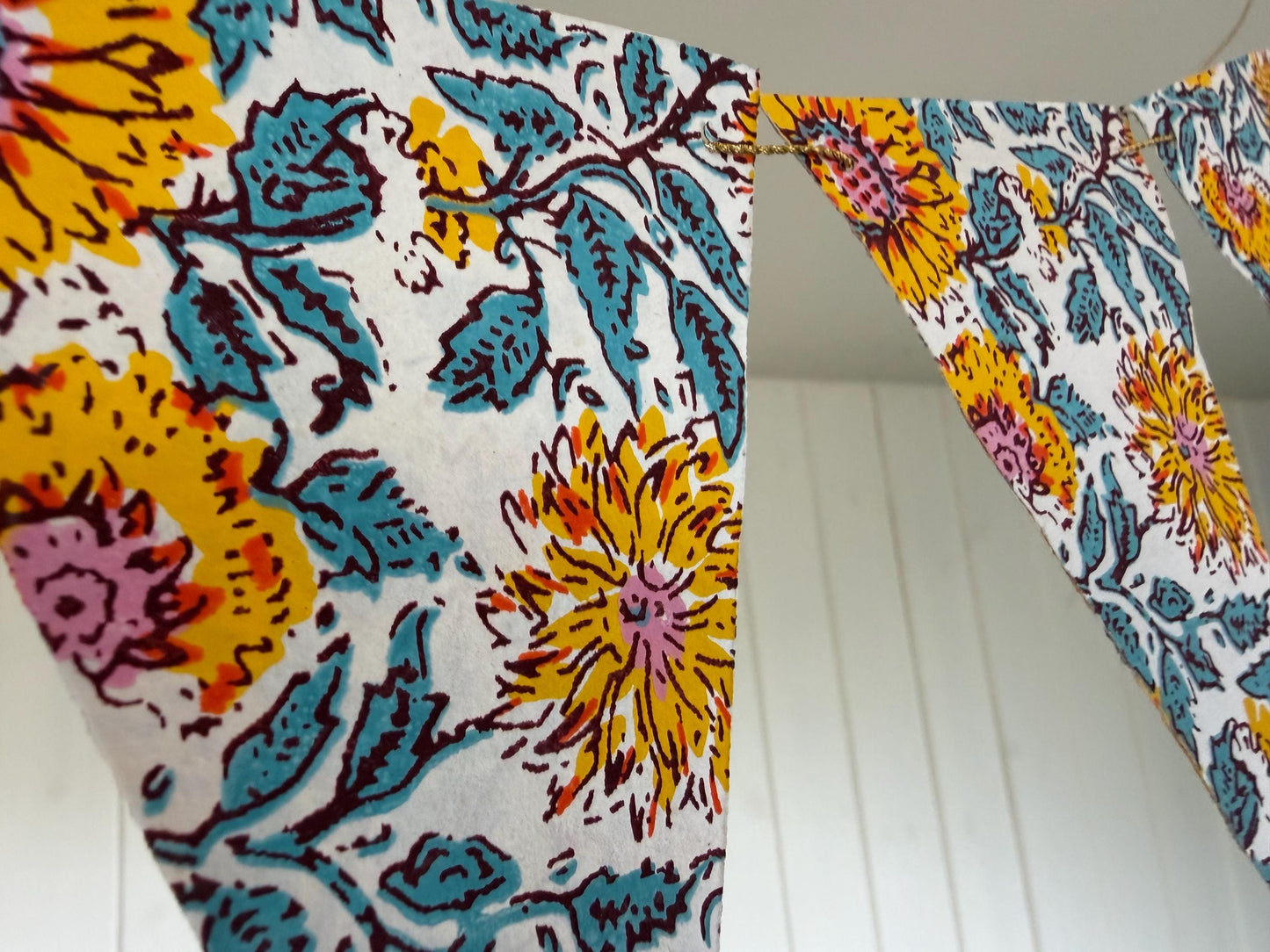 Recycled bunting for the home, parties and weddings. Eco friendly bunting. Handmade party decorations. Sunflower bunting. Pretty party decor