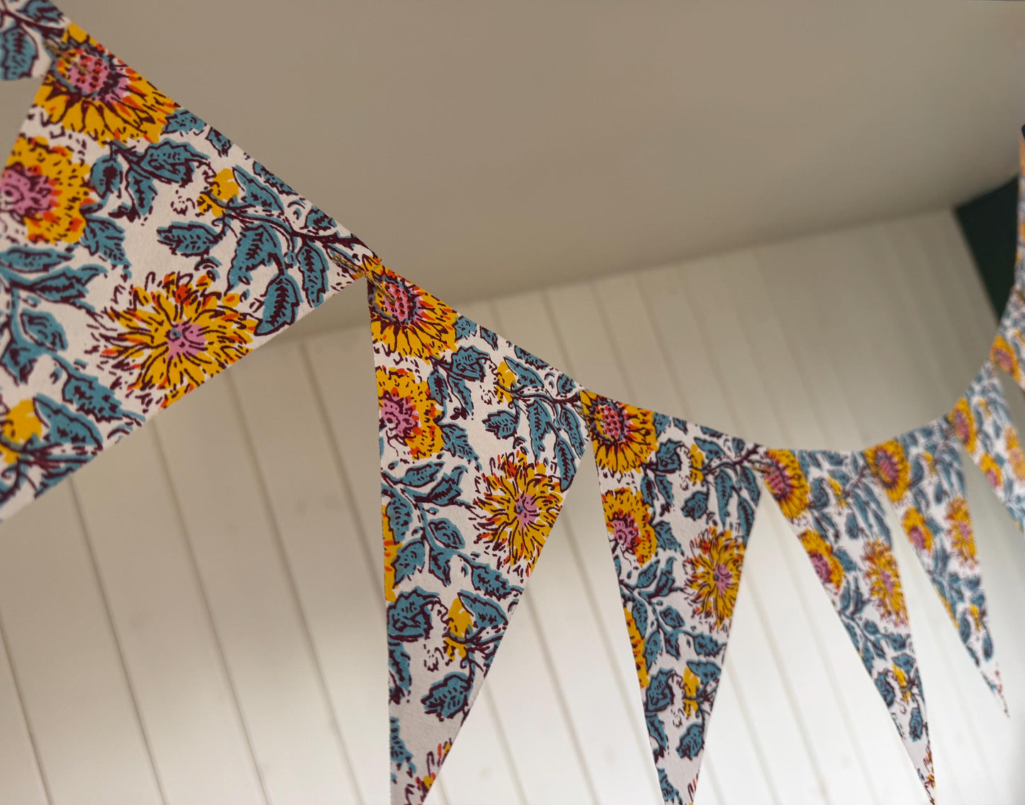 Recycled bunting for the home, parties and weddings. Eco friendly bunting. Handmade party decorations. Sunflower bunting. Pretty party decor