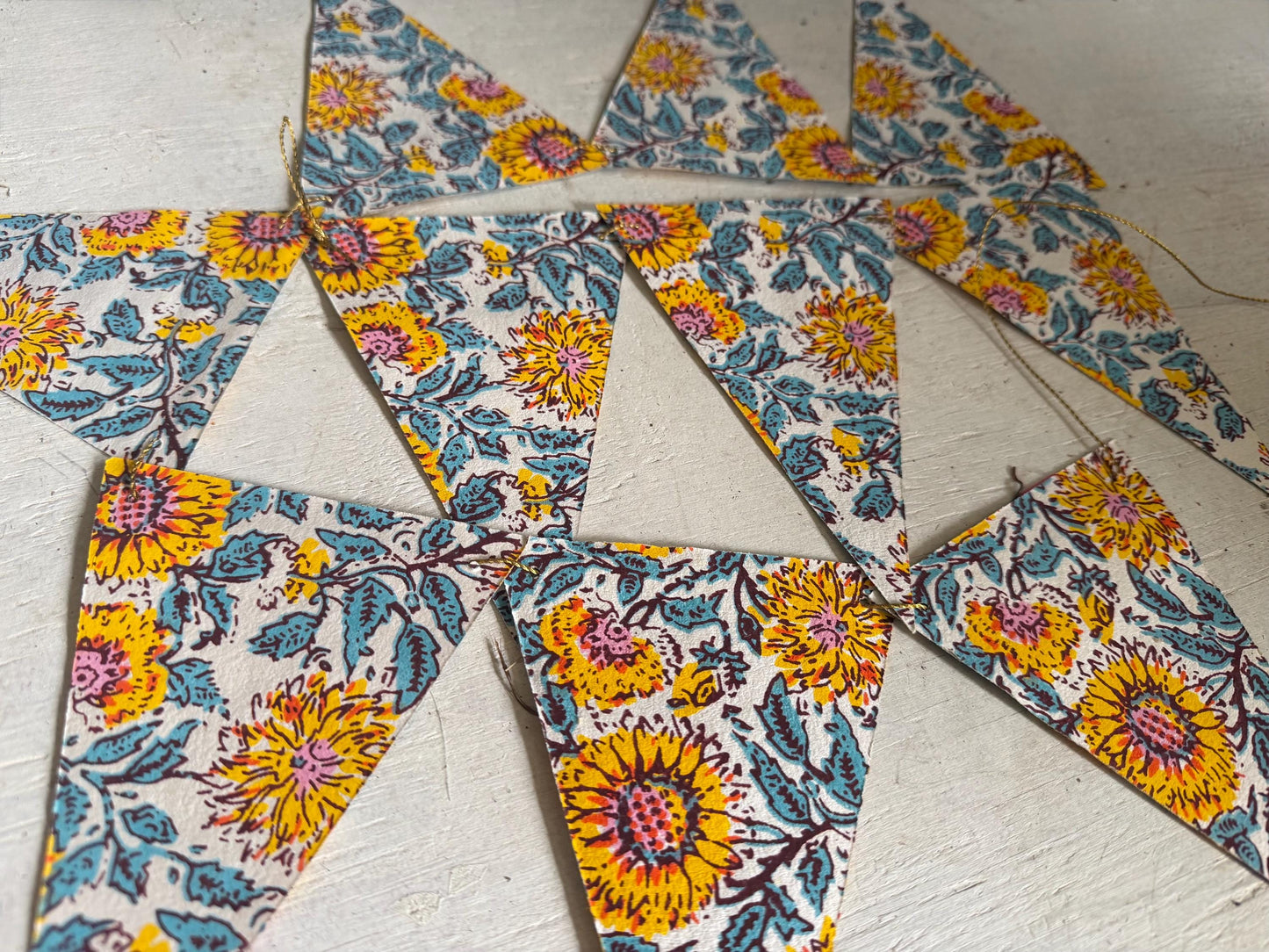 Recycled bunting for the home, parties and weddings. Eco friendly bunting. Handmade party decorations. Sunflower bunting. Pretty party decor