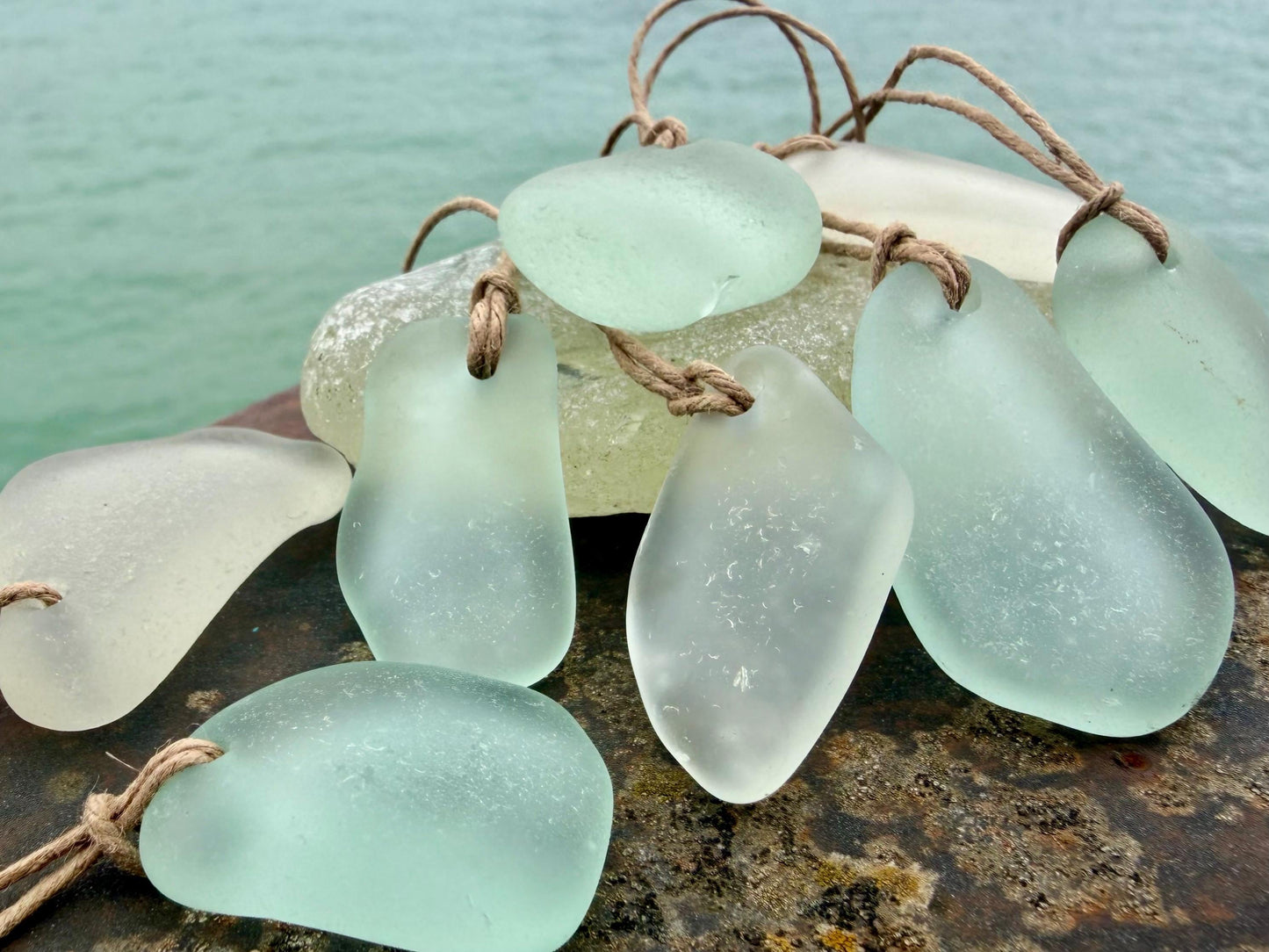 Large sea glass necklaces. Recycled necklaces, gift for him. Ethical jewellery. Sea glass pendant. Eco friendly necklace, Aqua and white.
