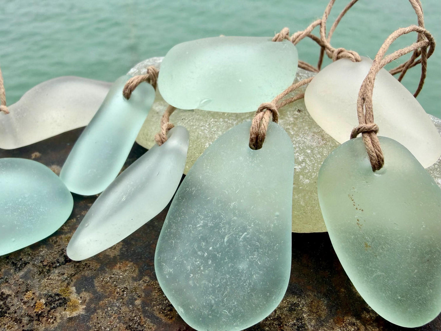 Large sea glass necklaces. Recycled necklaces, gift for him. Ethical jewellery. Sea glass pendant. Eco friendly necklace, Aqua and white.