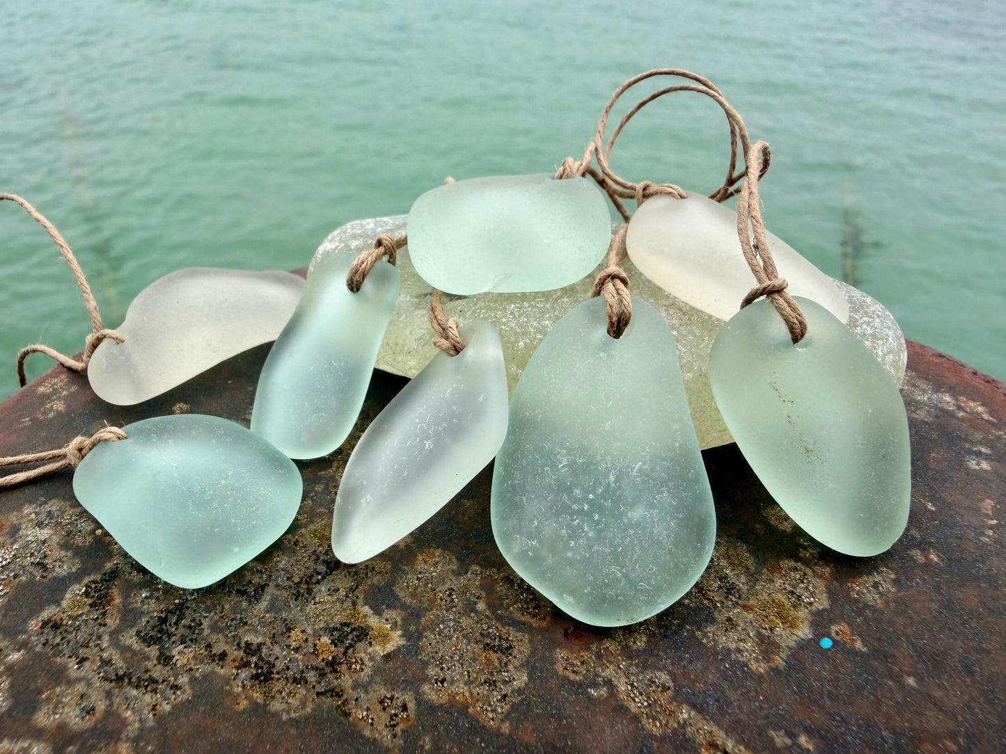 Large sea glass necklaces. Recycled necklaces, gift for him. Ethical jewellery. Sea glass pendant. Eco friendly necklace, Aqua and white.