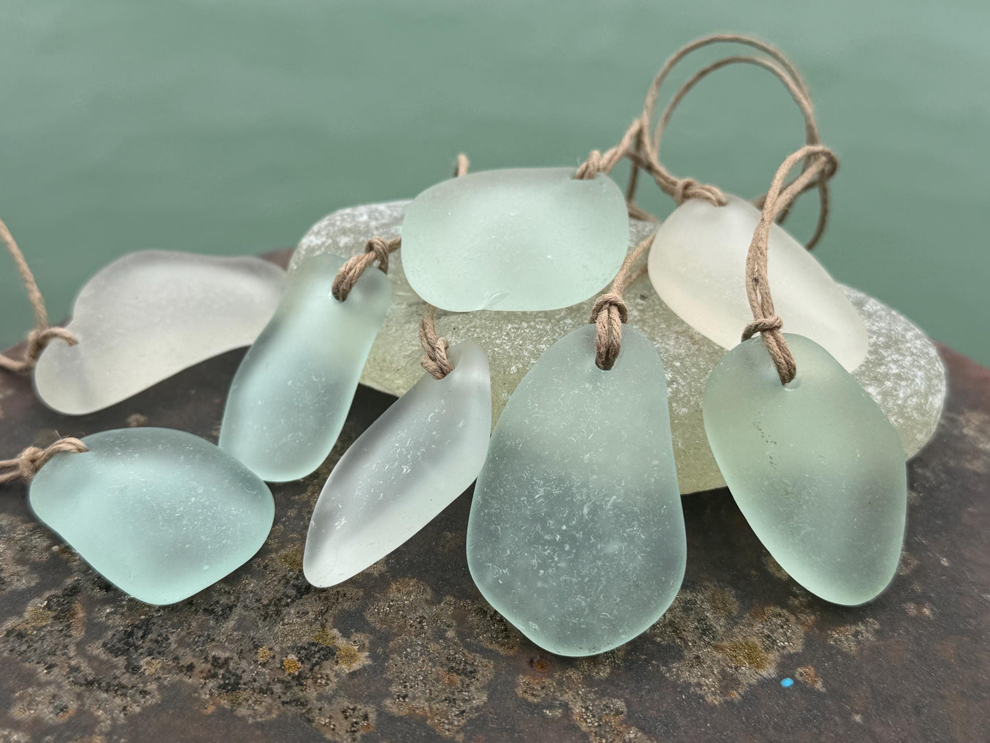 Large sea glass necklaces. Recycled necklaces, gift for him. Ethical jewellery. Sea glass pendant. Eco friendly necklace, Aqua and white.