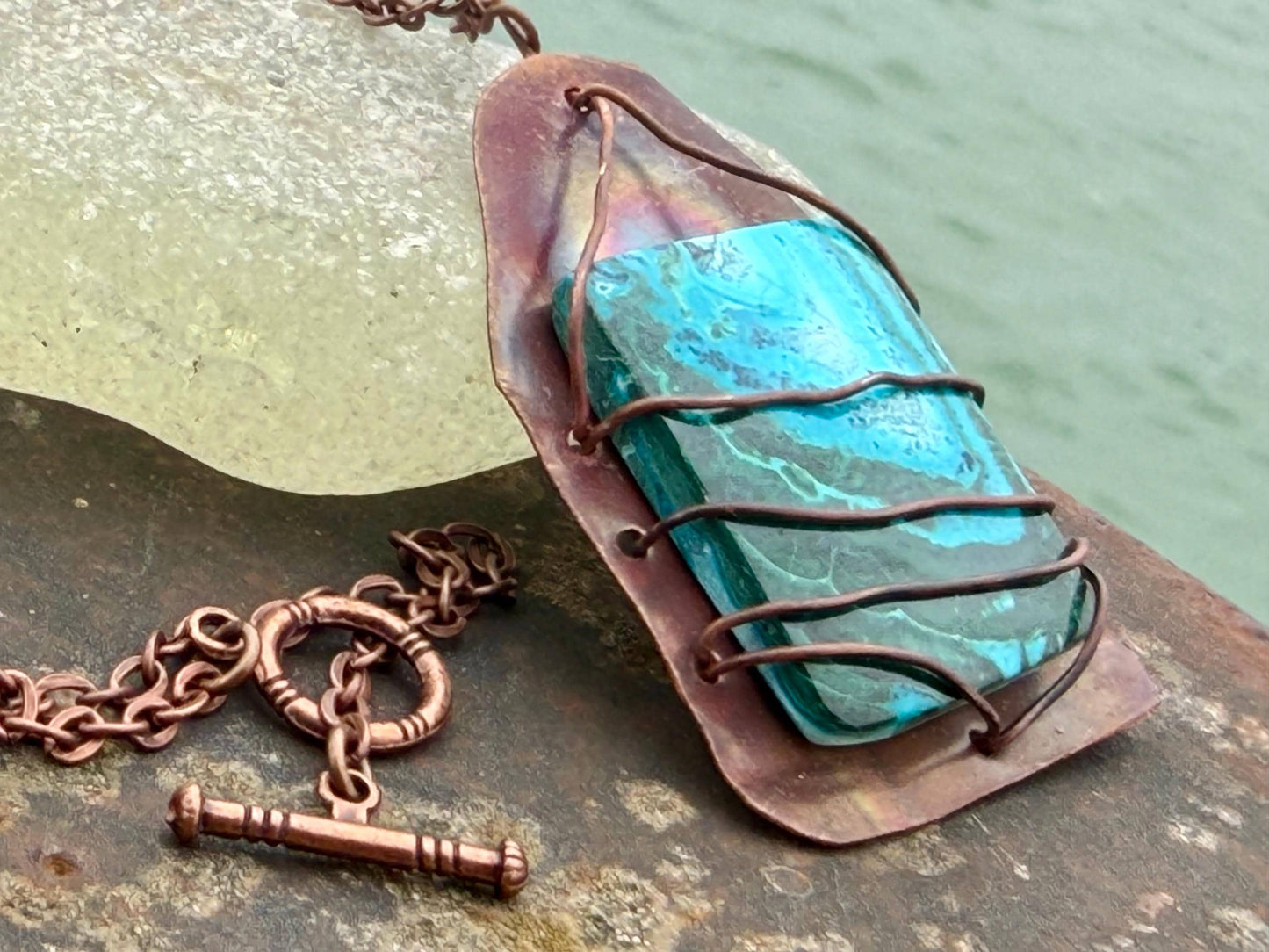 Eco friendly handmade necklace made from Chrysocolla & naturally weathered recycled copper. Ethical jewellery. Unique handmade jewellery.