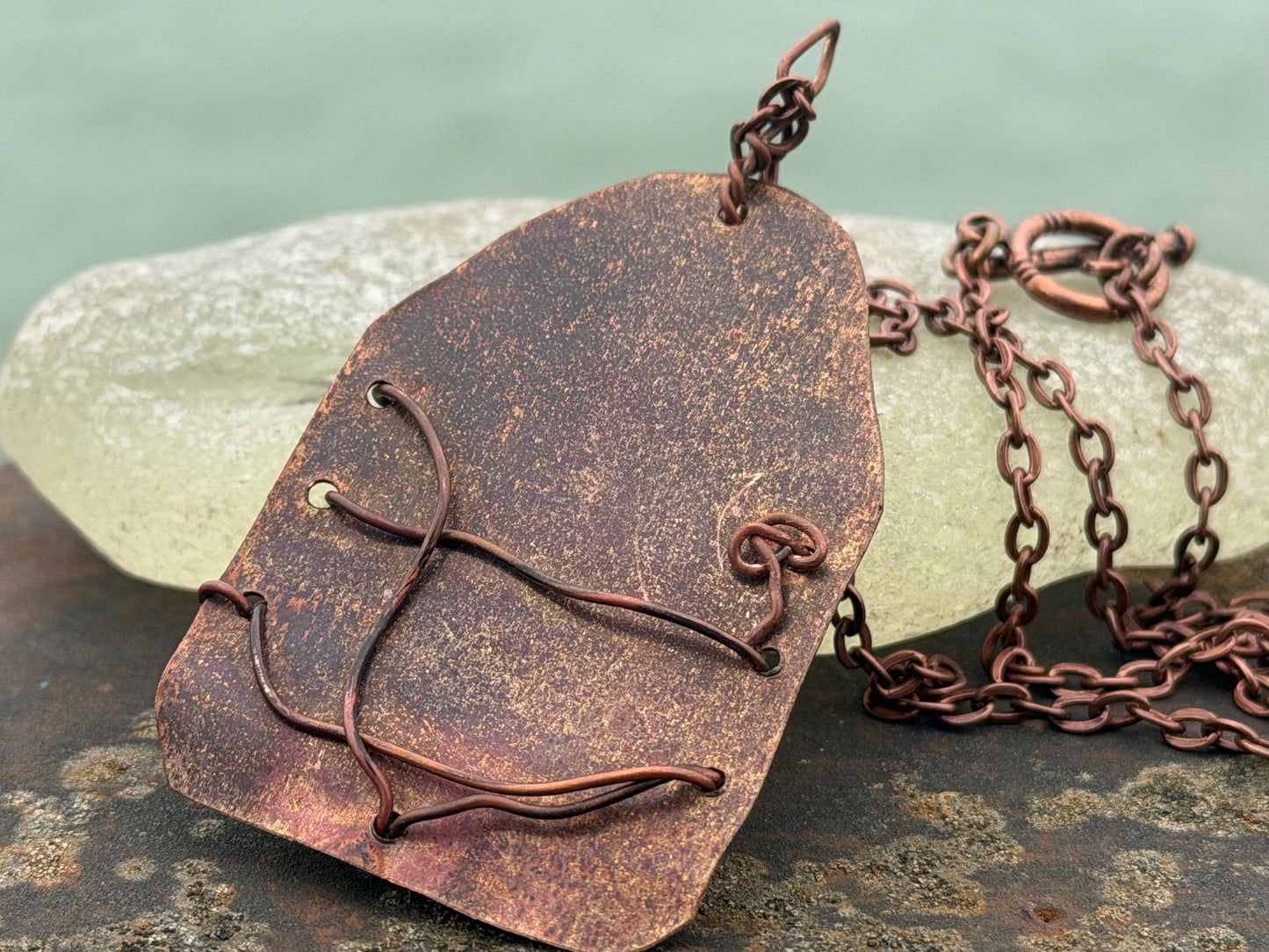 Eco friendly handmade necklace made from Chrysocolla & naturally weathered recycled copper. Ethical jewellery. Unique handmade jewellery.