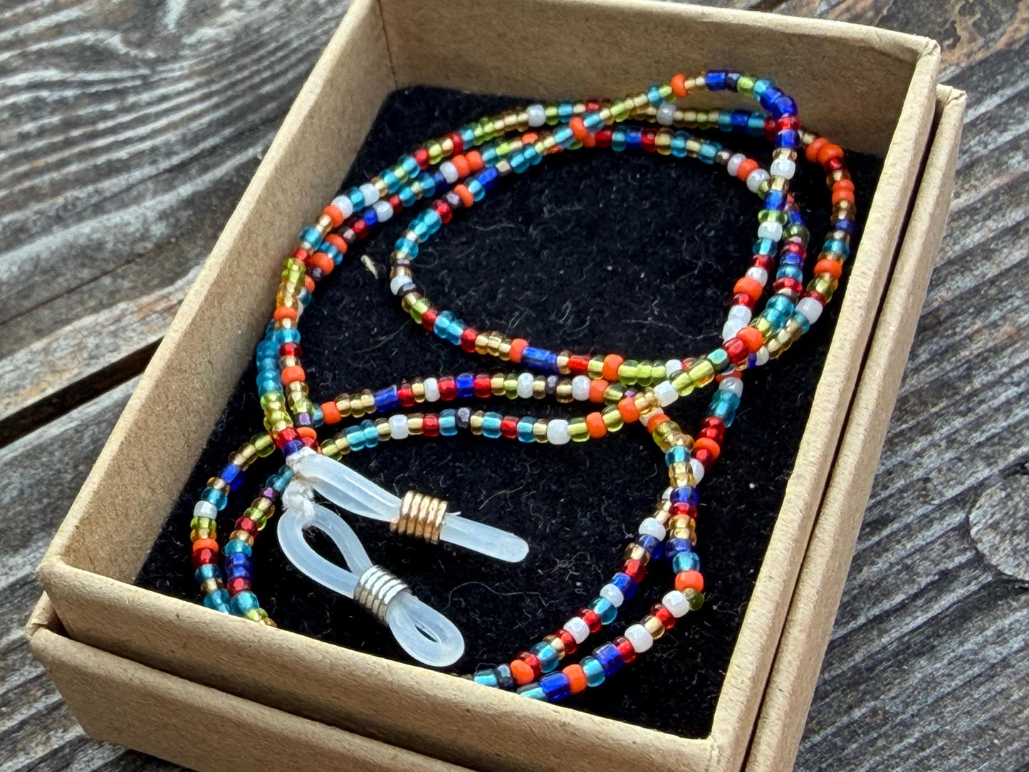 Recycled glasses chain, funky glasses holder, eco friendly glasses chain, ethical jewellery, rainbow glasses chain, boho recycled jewellery