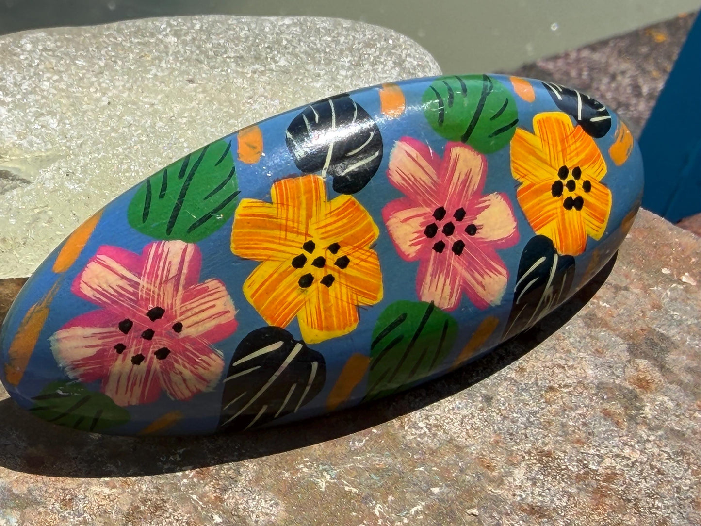 Vintage wooden hair clip. Large hair clip. Painted wood with flower design. Eco friendly hair accessories. Boho hair fastener. Hand painted