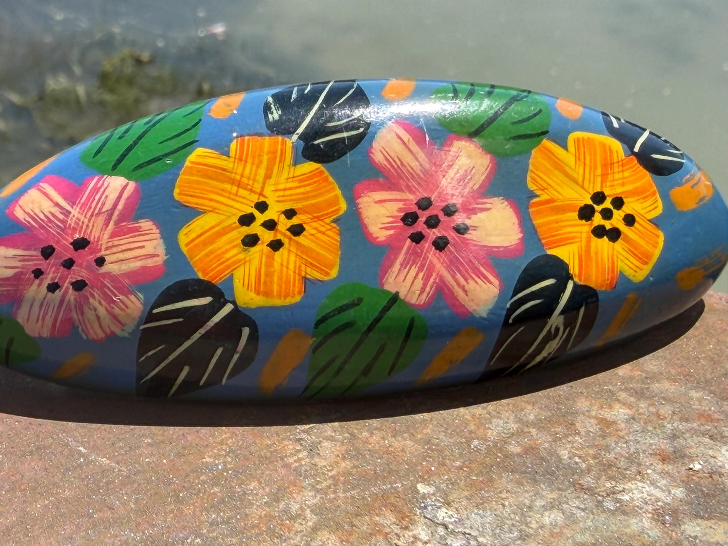 Vintage wooden hair clip. Large hair clip. Painted wood with flower design. Eco friendly hair accessories. Boho hair fastener. Hand painted