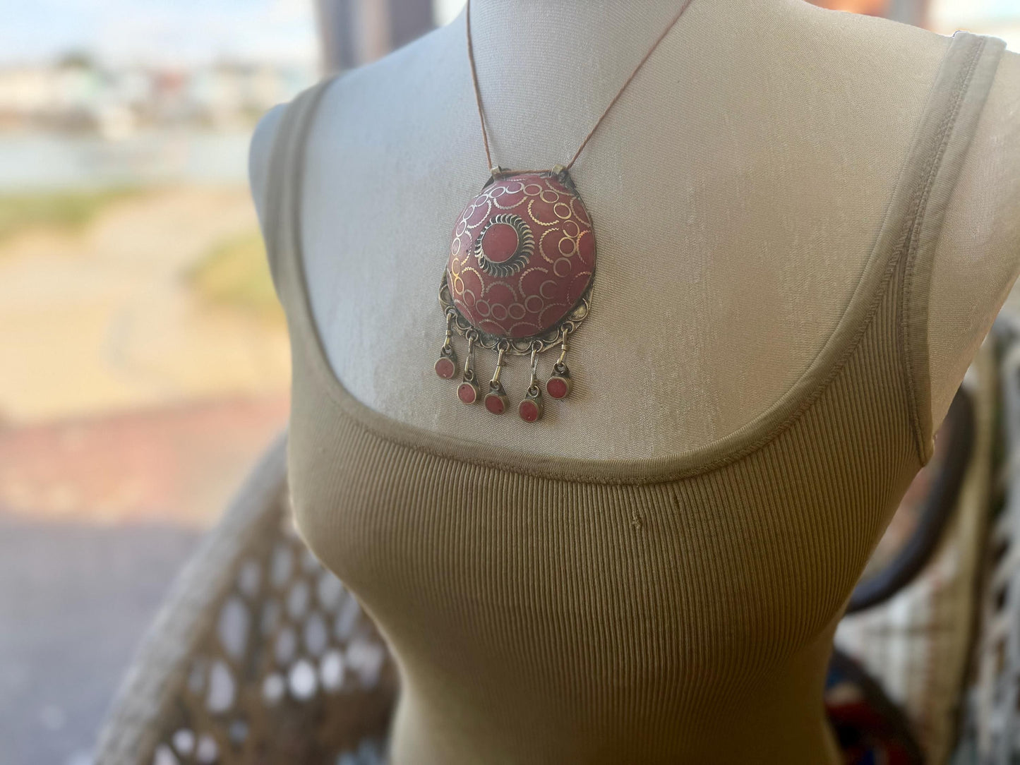 Gypsy jewellery. Very large statement necklace. Vintage jewellery, ethical jewellery, red pendant, boho necklace, unique necklace