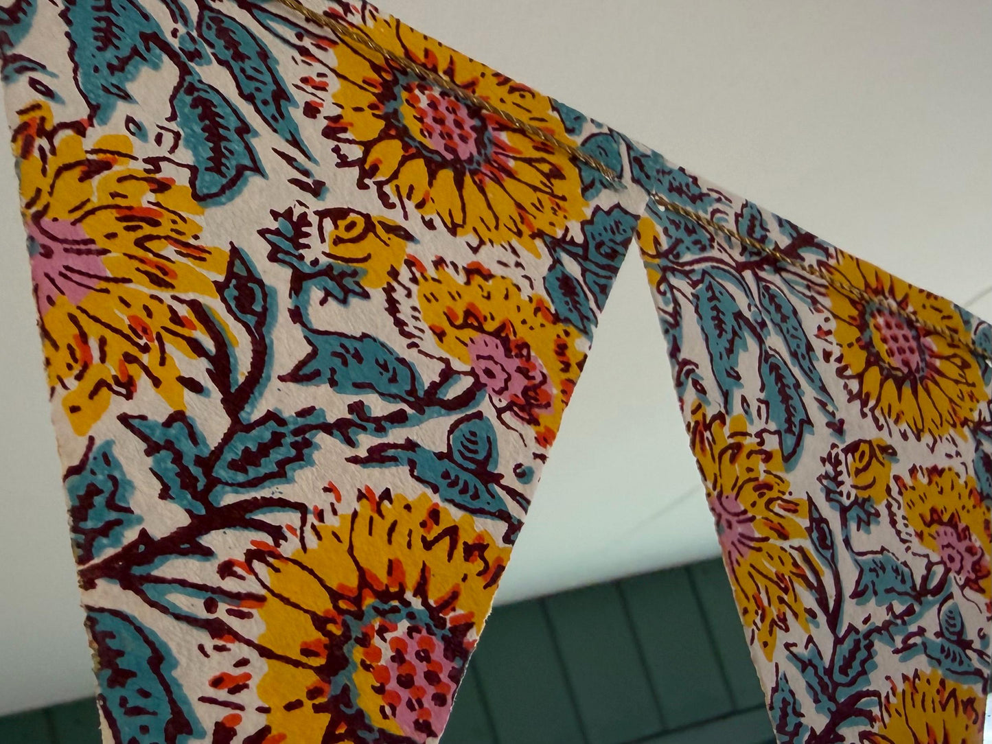 Recycled bunting for the home, parties and weddings. Eco friendly bunting. Handmade party decorations. Sunflower bunting. Pretty party decor