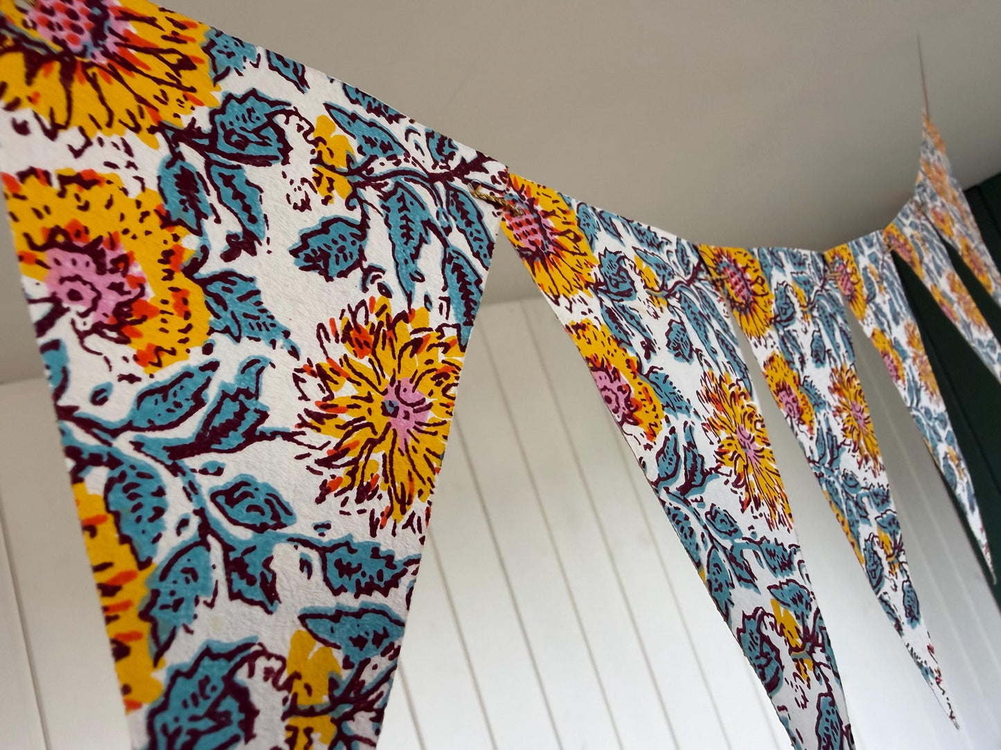 Recycled bunting for the home, parties and weddings. Eco friendly bunting. Handmade party decorations. Sunflower bunting. Pretty party decor