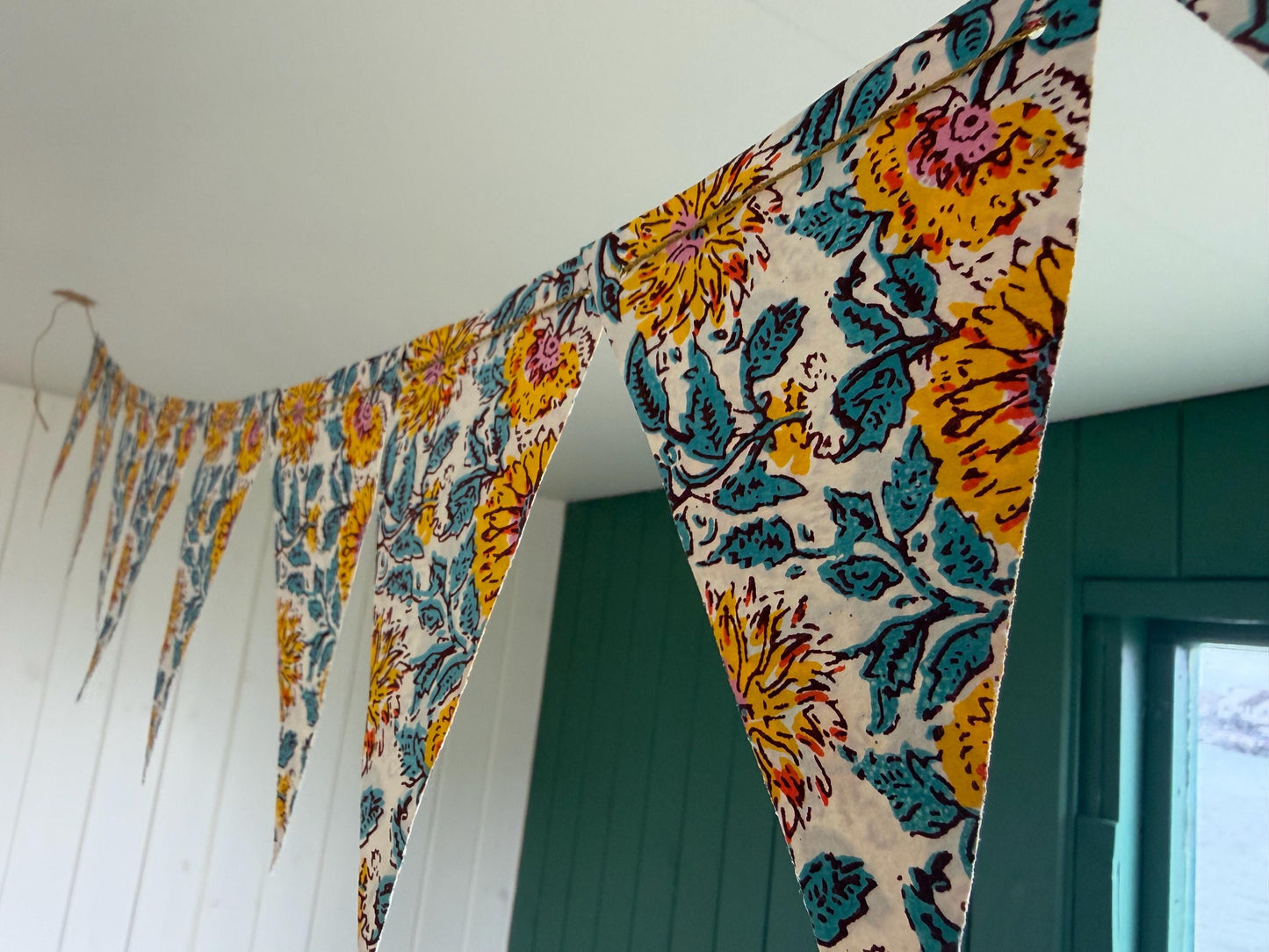 Recycled bunting for the home, parties and weddings. Eco friendly bunting. Handmade party decorations. Sunflower bunting. Pretty party decor