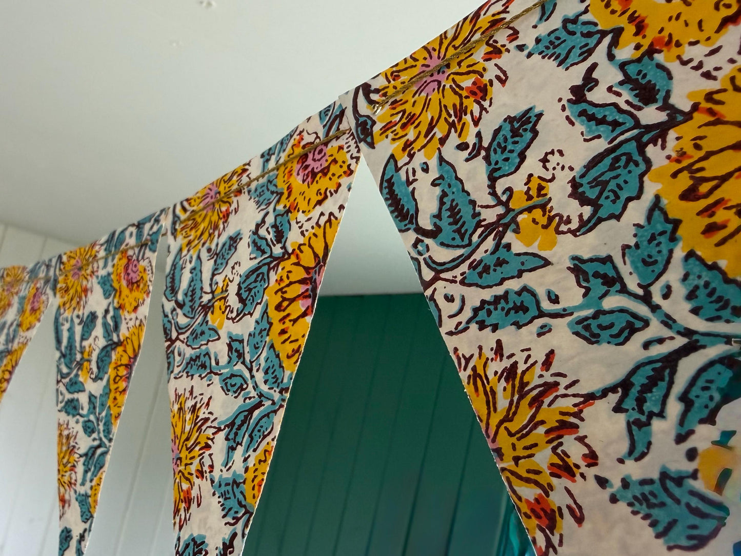 Recycled bunting for the home, parties and weddings. Eco friendly bunting. Handmade party decorations. Sunflower bunting. Pretty party decor