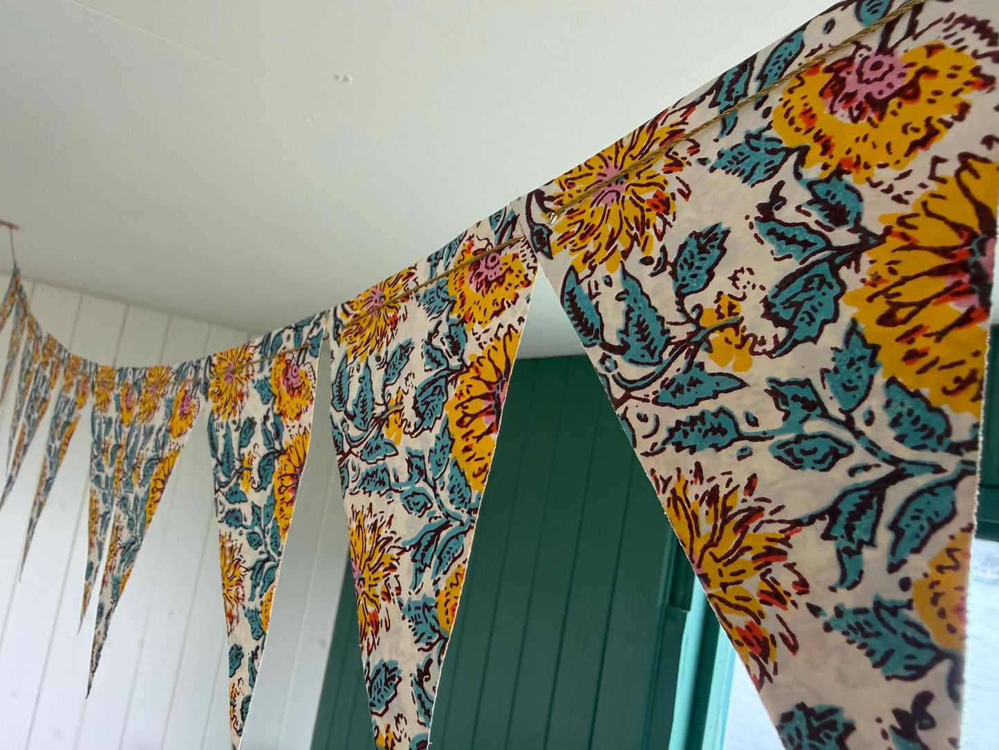 Recycled bunting for the home, parties and weddings. Eco friendly bunting. Handmade party decorations. Sunflower bunting. Pretty party decor