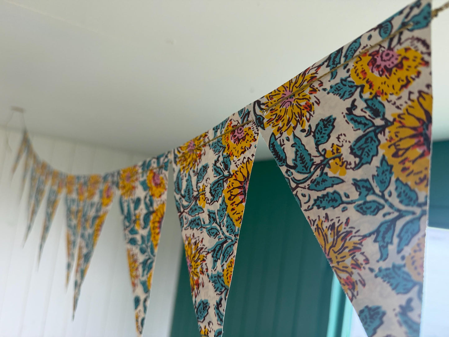 Recycled bunting for the home, parties and weddings. Eco friendly bunting. Handmade party decorations. Sunflower bunting. Pretty party decor