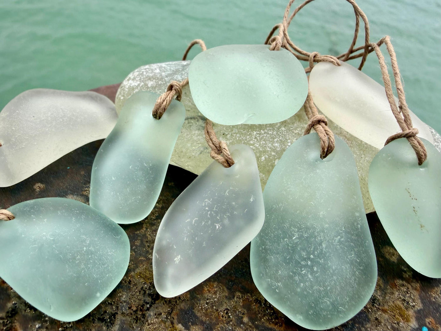 Large sea glass necklaces. Recycled necklaces, gift for him. Ethical jewellery. Sea glass pendant. Eco friendly necklace, Aqua and white.