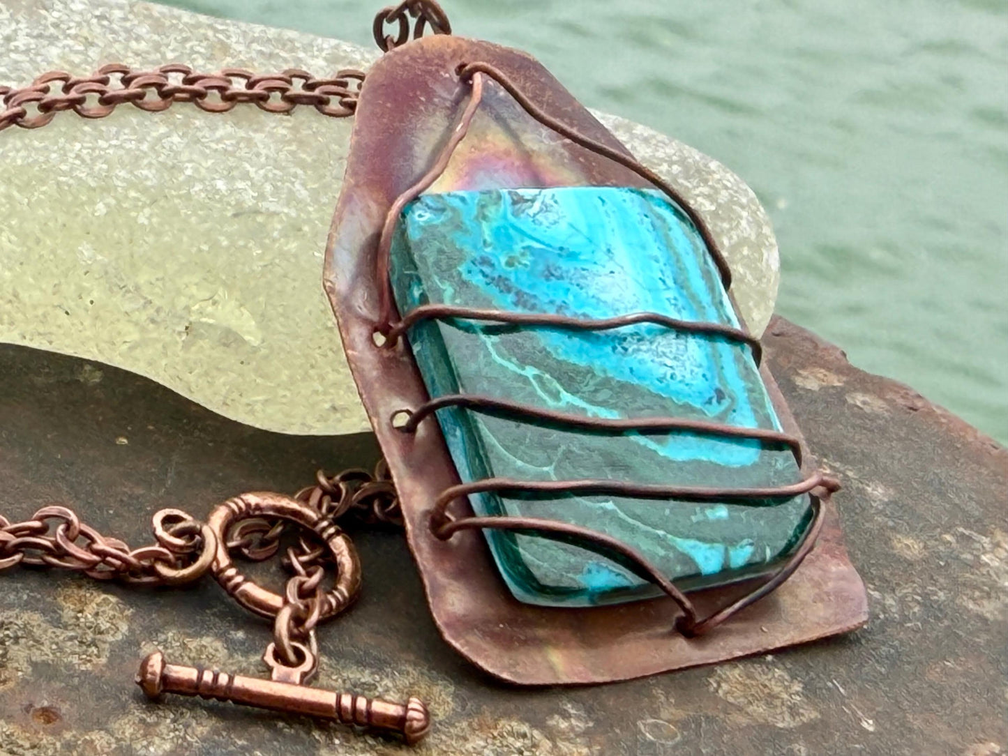Eco friendly handmade necklace made from Chrysocolla & naturally weathered recycled copper. Ethical jewellery. Unique handmade jewellery.