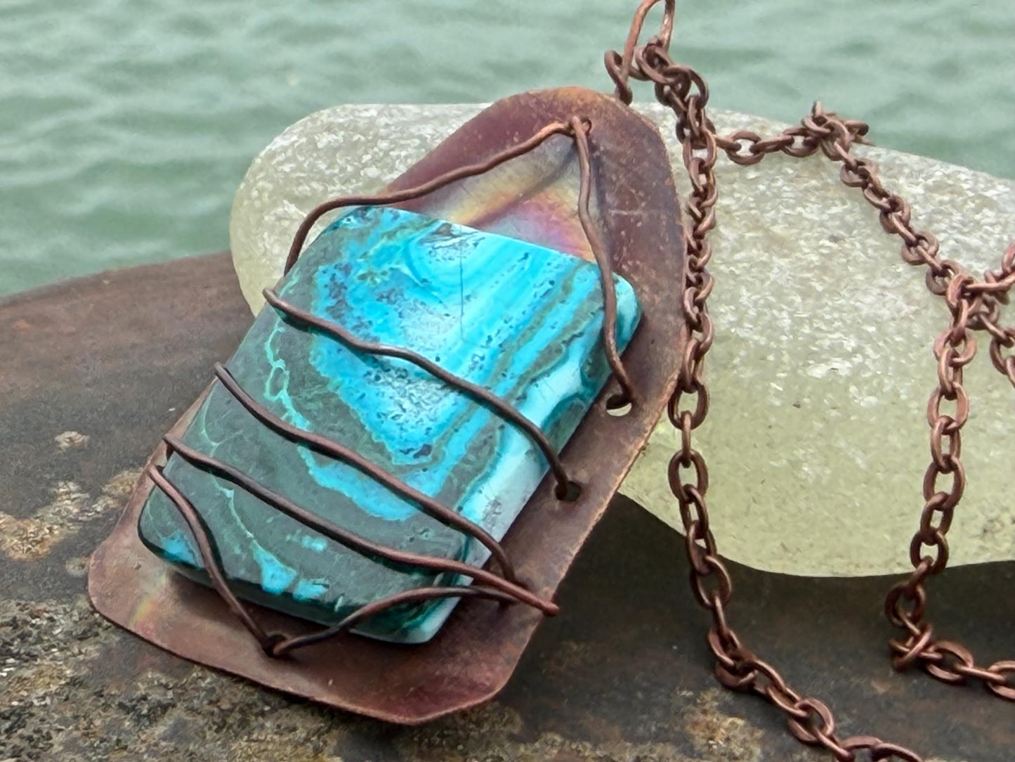 Eco friendly handmade necklace made from Chrysocolla & naturally weathered recycled copper. Ethical jewellery. Unique handmade jewellery.