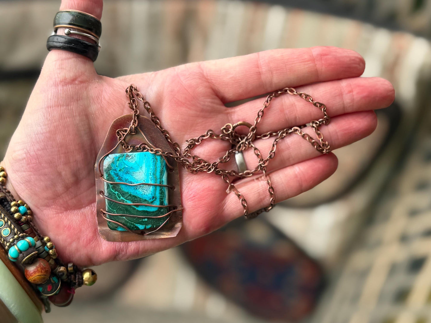 Eco friendly handmade necklace made from Chrysocolla & naturally weathered recycled copper. Ethical jewellery. Unique handmade jewellery.