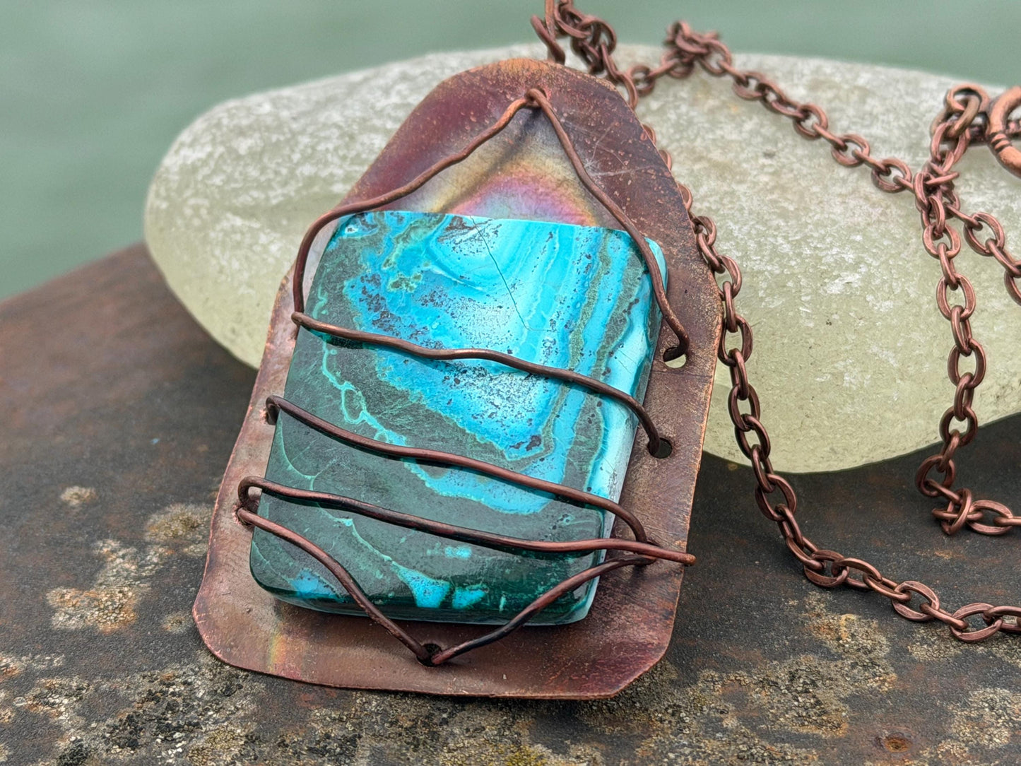 Eco friendly handmade necklace made from Chrysocolla & naturally weathered recycled copper. Ethical jewellery. Unique handmade jewellery.