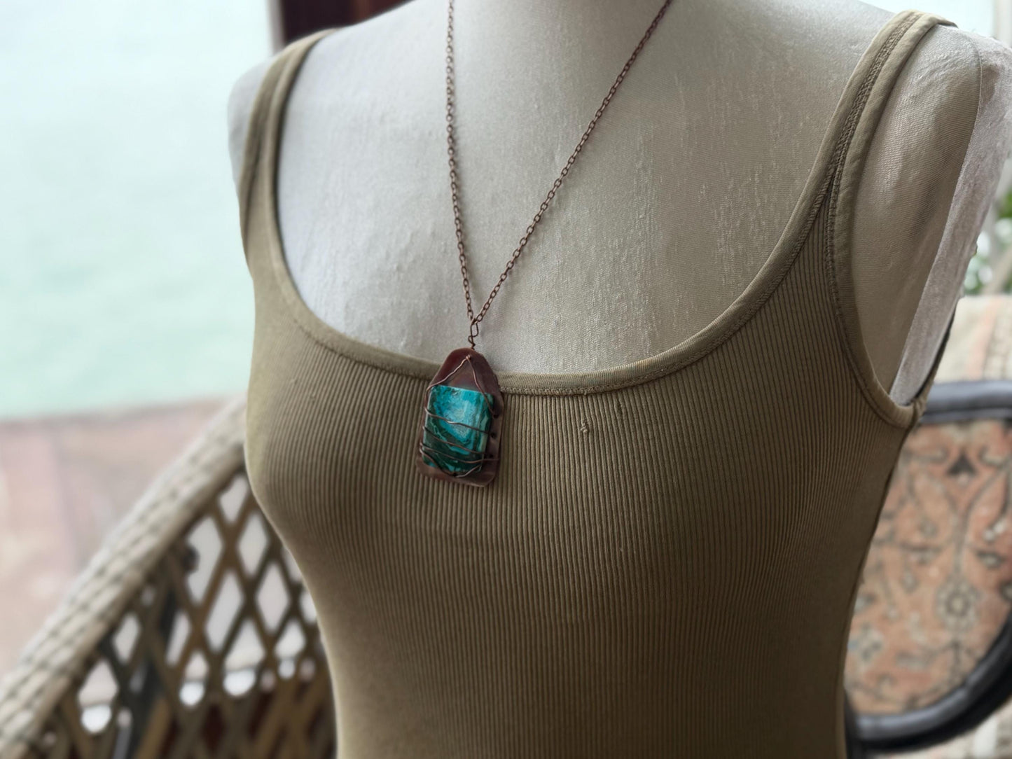 Eco friendly handmade necklace made from Chrysocolla & naturally weathered recycled copper. Ethical jewellery. Unique handmade jewellery.