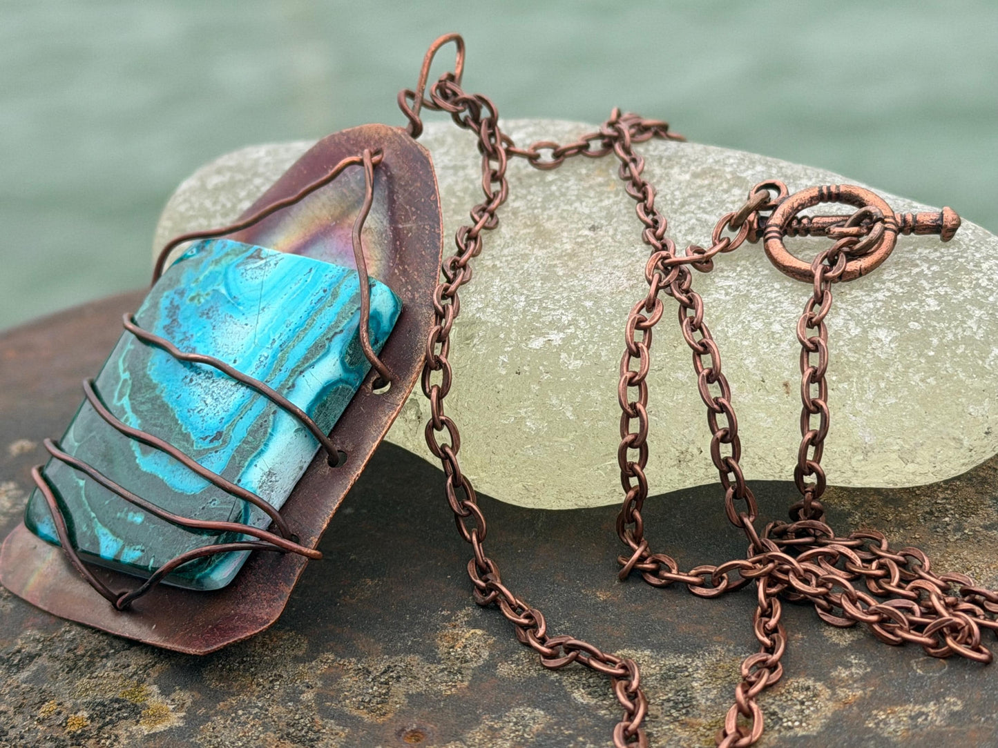 Eco friendly handmade necklace made from Chrysocolla & naturally weathered recycled copper. Ethical jewellery. Unique handmade jewellery.