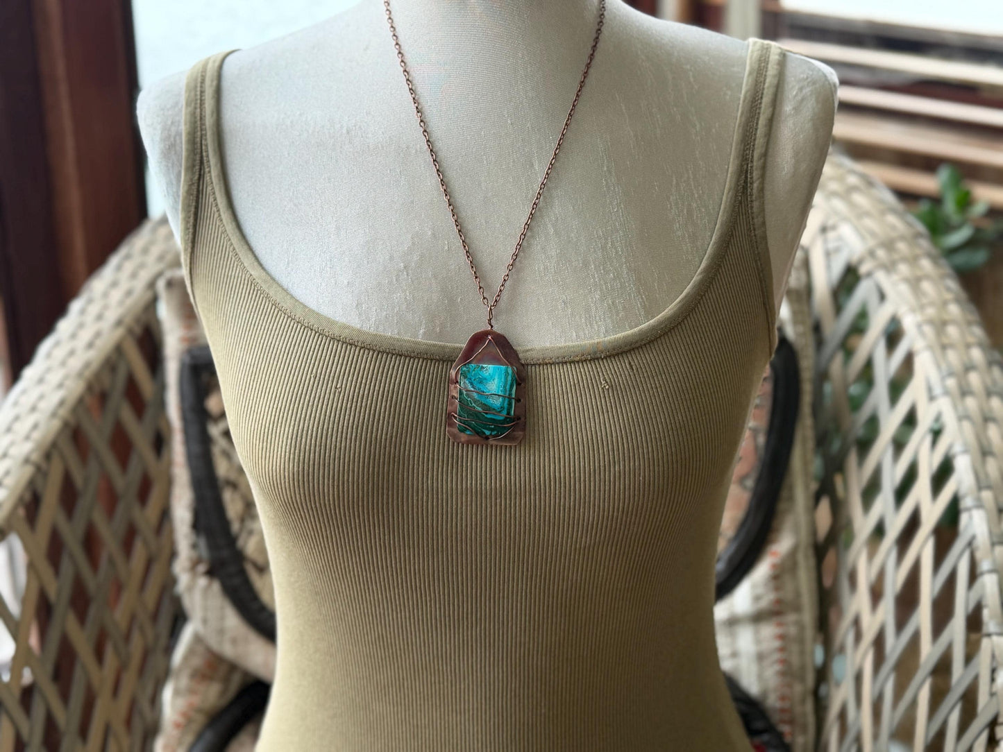 Eco friendly handmade necklace made from Chrysocolla & naturally weathered recycled copper. Ethical jewellery. Unique handmade jewellery.