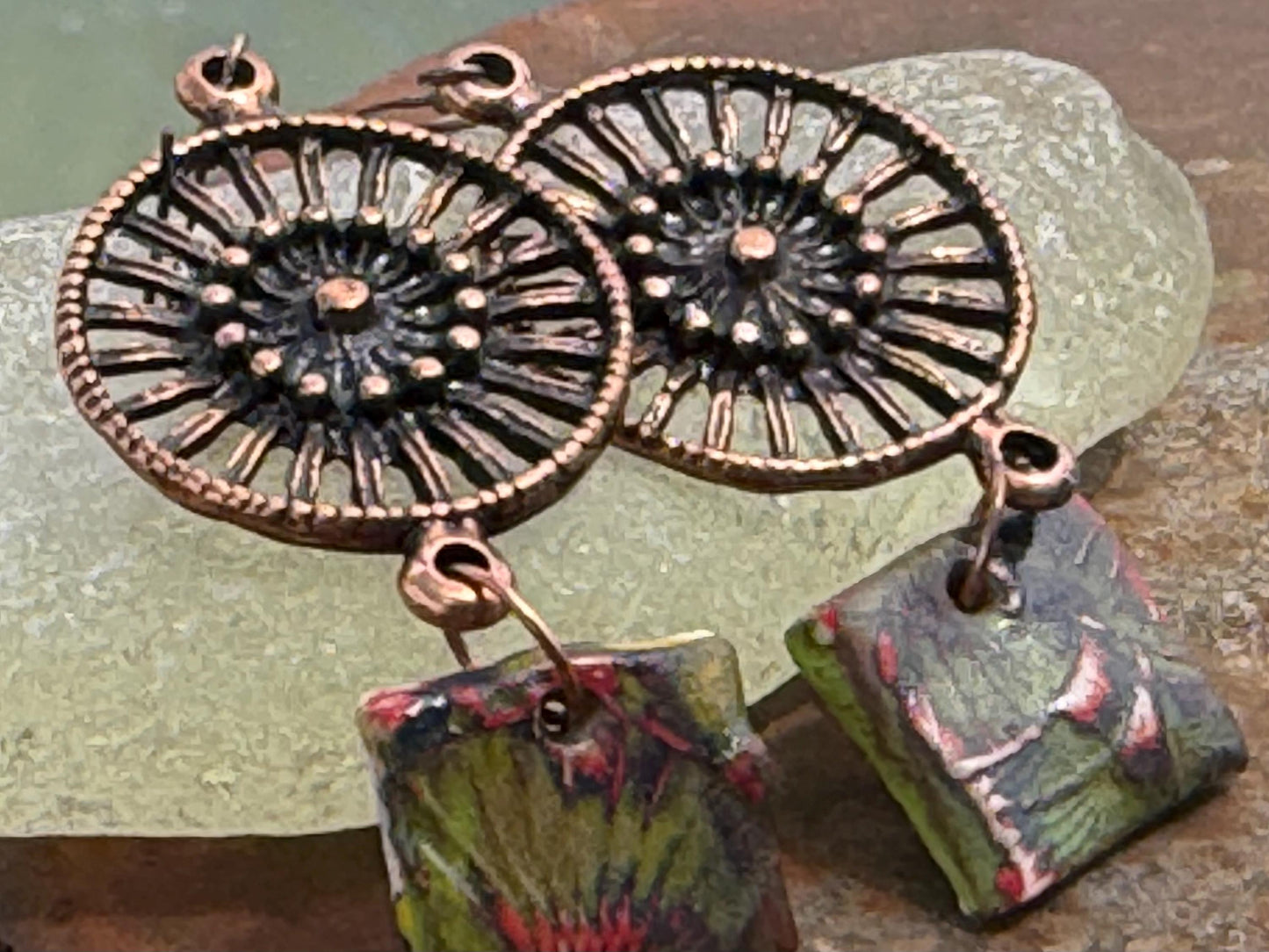 Handmade earrings using Sussex clay. Unique jewellery, ceramic earrings, boho jewellery, boho earrings, unique earrings, unique gift for her