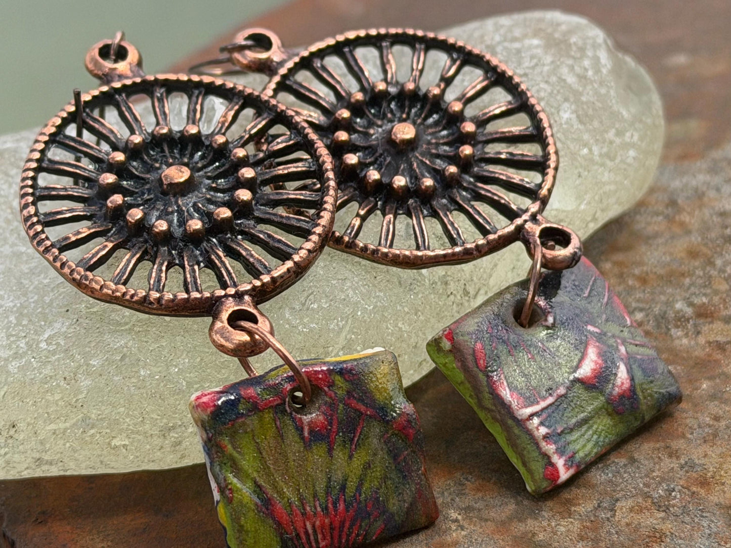 Handmade earrings using Sussex clay. Unique jewellery, ceramic earrings, boho jewellery, boho earrings, unique earrings, unique gift for her