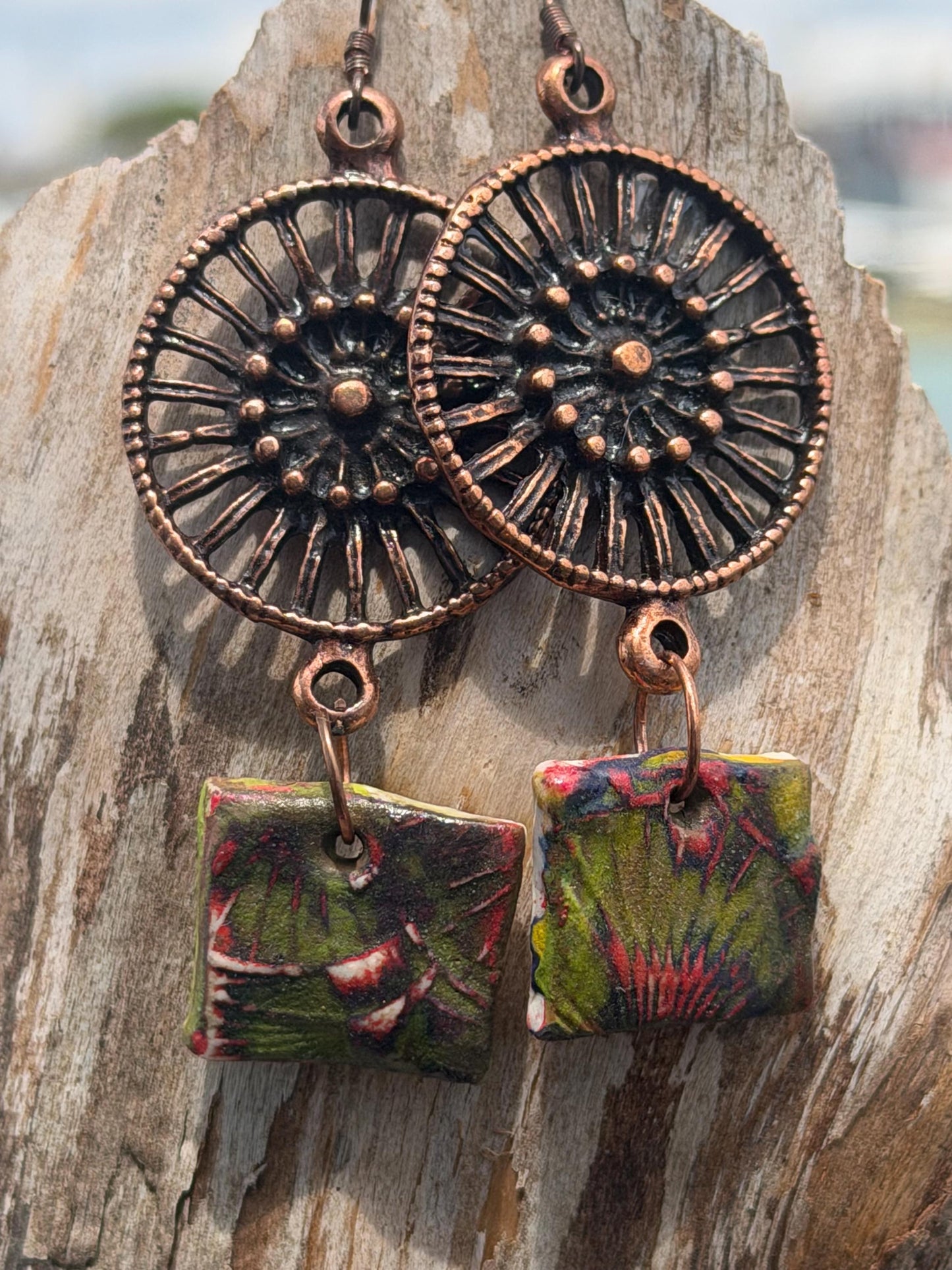 Handmade earrings using Sussex clay. Unique jewellery, ceramic earrings, boho jewellery, boho earrings, unique earrings, unique gift for her