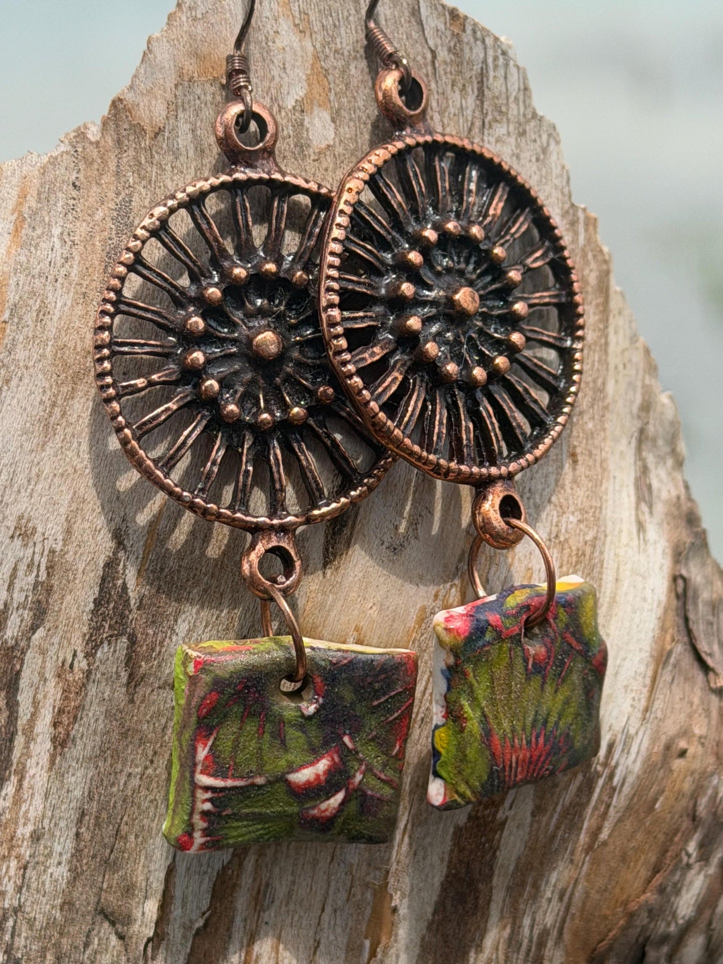 Handmade earrings using Sussex clay. Unique jewellery, ceramic earrings, boho jewellery, boho earrings, unique earrings, unique gift for her