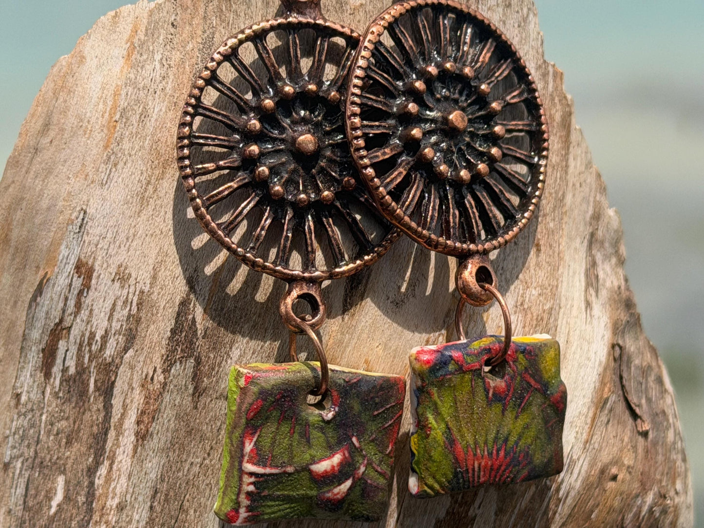 Handmade earrings using Sussex clay. Unique jewellery, ceramic earrings, boho jewellery, boho earrings, unique earrings, unique gift for her