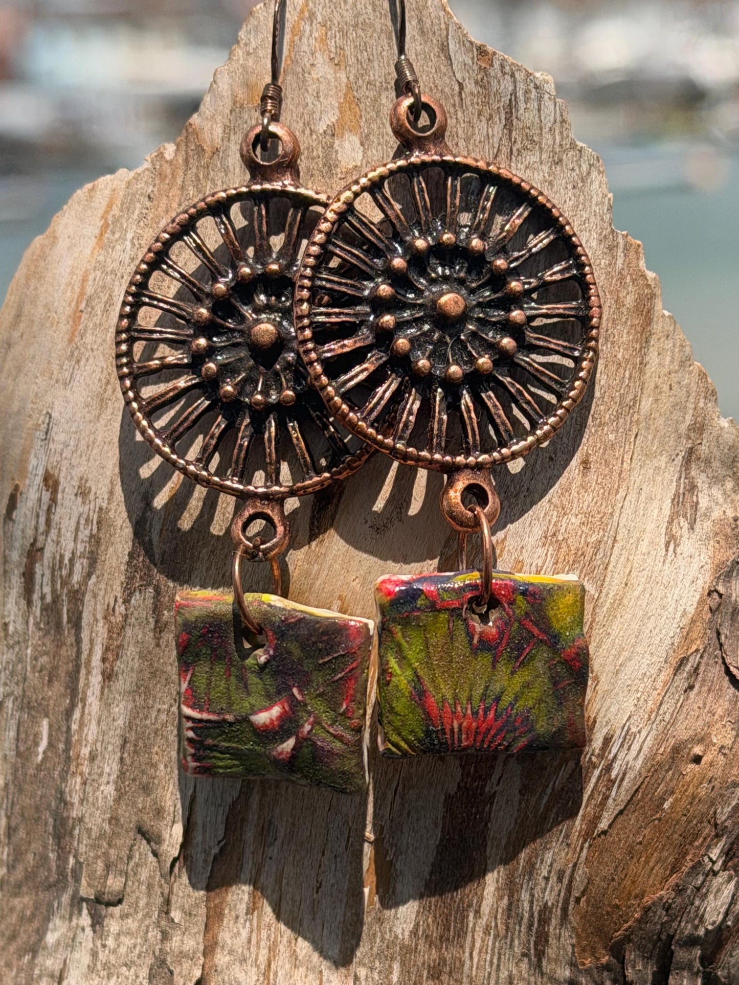Handmade earrings using Sussex clay. Unique jewellery, ceramic earrings, boho jewellery, boho earrings, unique earrings, unique gift for her