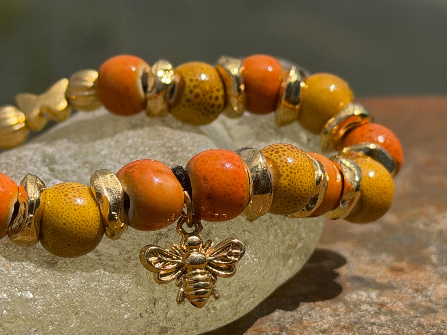 Bee bracelet, boho jewellery, butterfly bracelet, gift for her, handmade glass bracelet, bee jewellery, butterfly jewellery, yellow bracelet