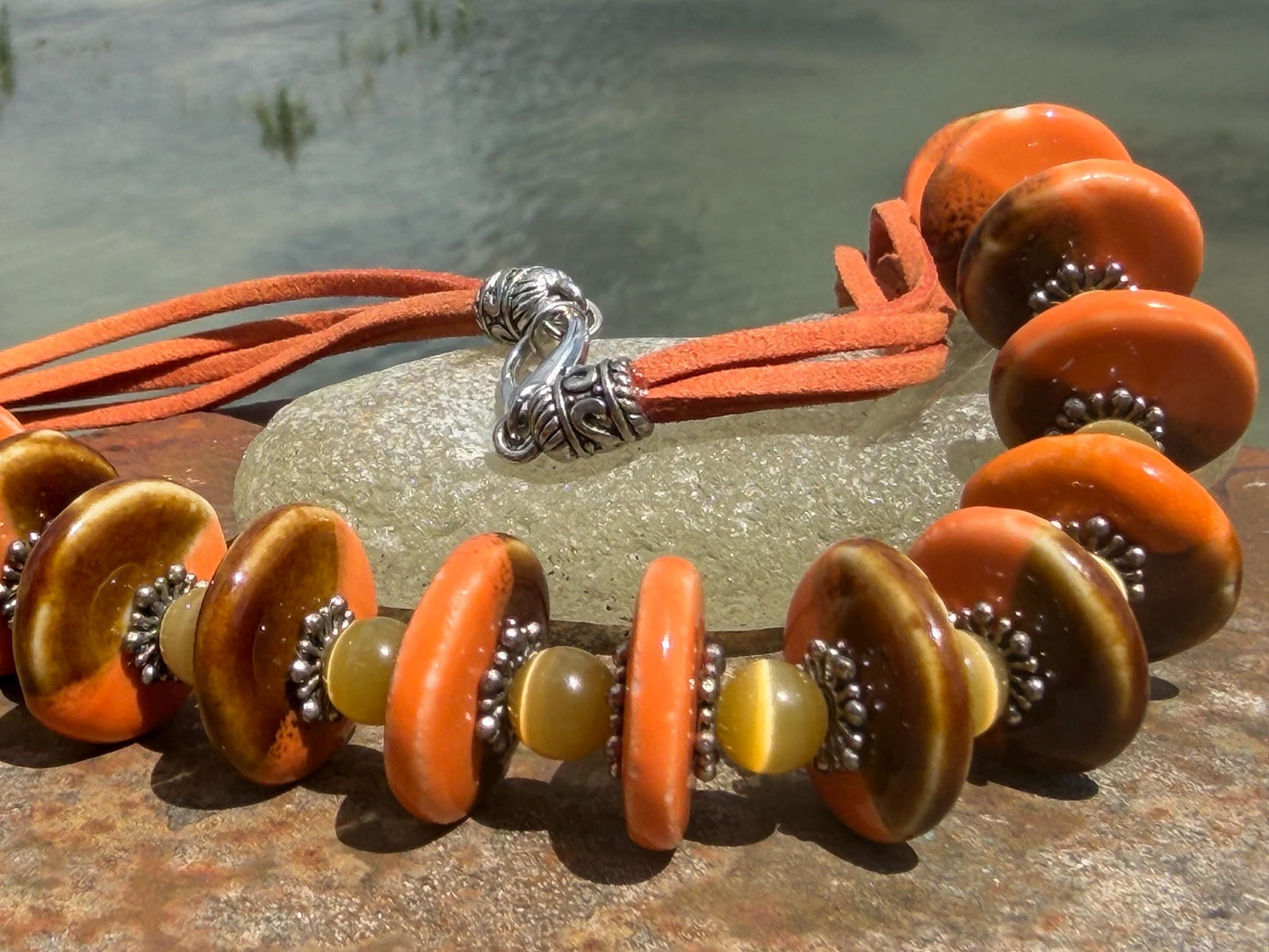 Joyful orange statement necklace. Vintage jewellery, ethical jewellery, orange pendant, boho unique necklace. Eco friendly jewellery.