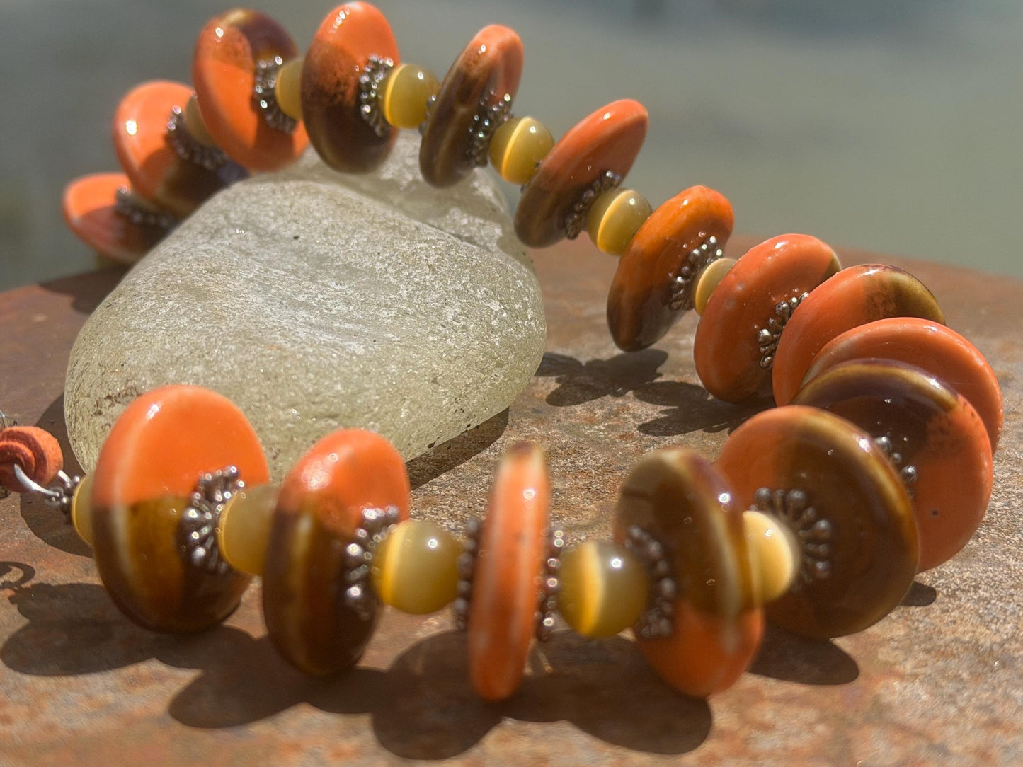 Joyful orange statement necklace. Vintage jewellery, ethical jewellery, orange pendant, boho unique necklace. Eco friendly jewellery.