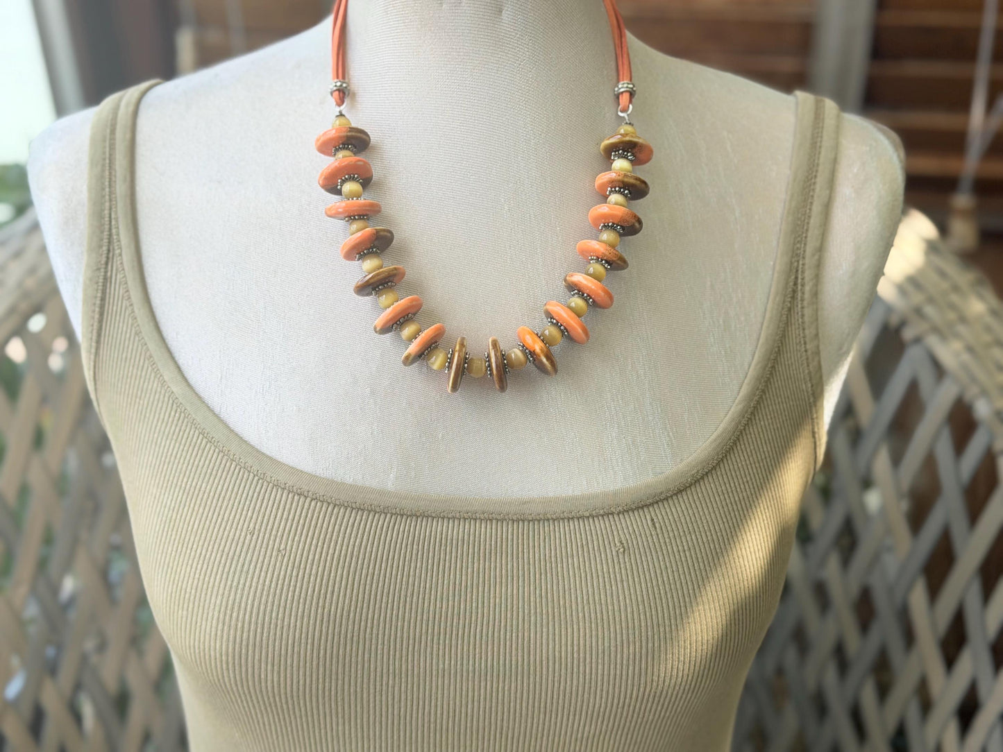 Joyful orange statement necklace. Vintage jewellery, ethical jewellery, orange pendant, boho unique necklace. Eco friendly jewellery.
