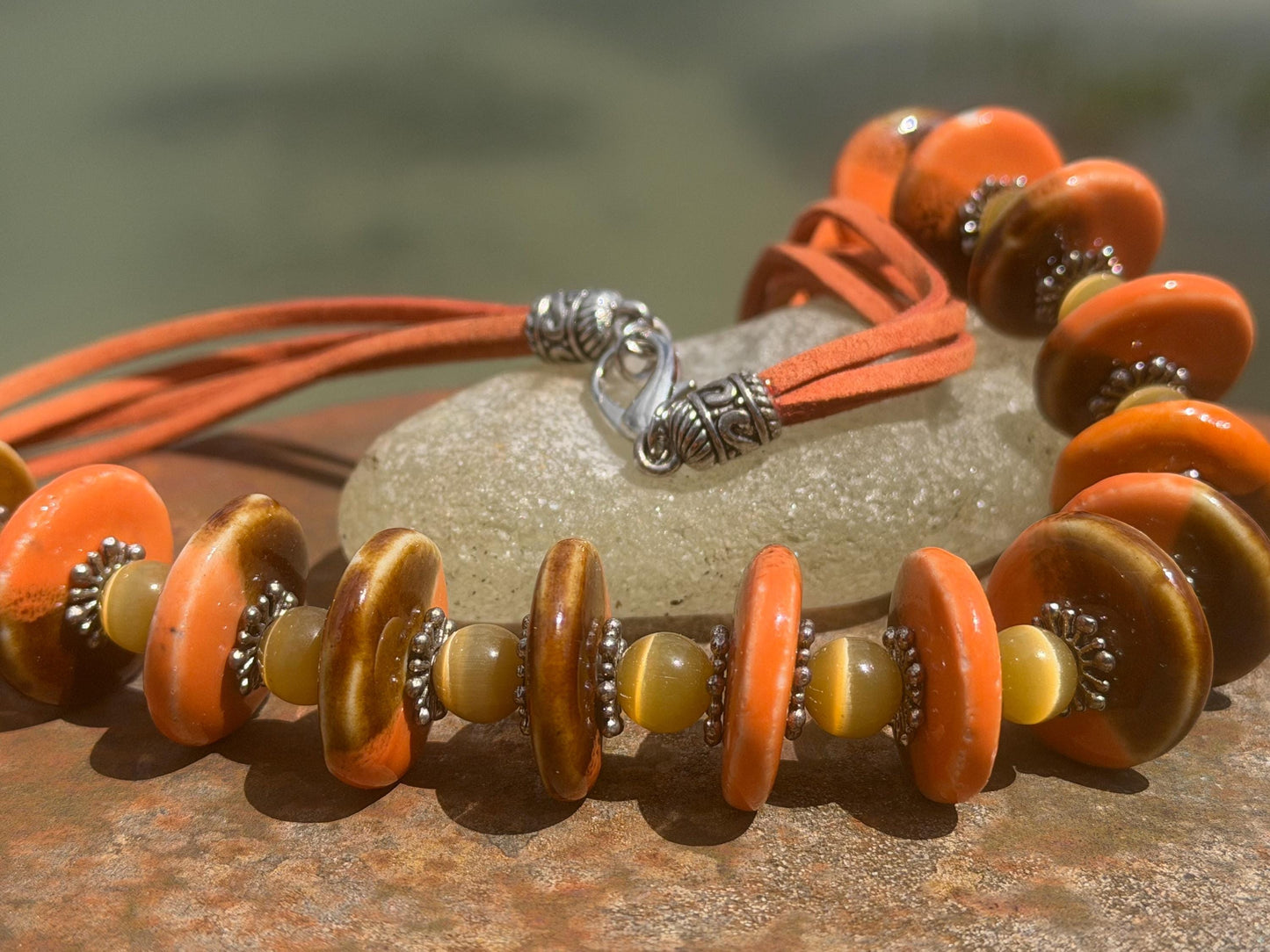 Joyful orange statement necklace. Vintage jewellery, ethical jewellery, orange pendant, boho unique necklace. Eco friendly jewellery.