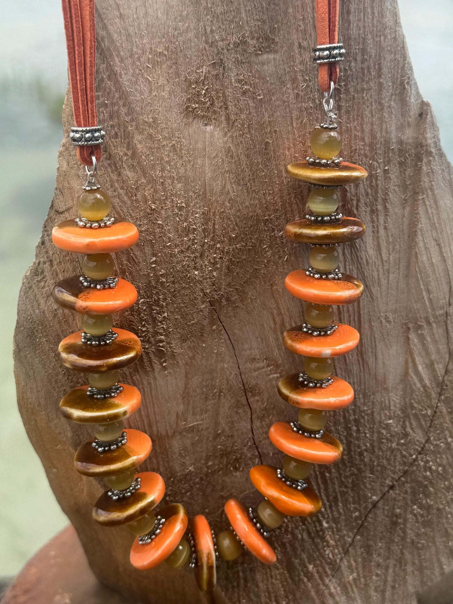 Joyful orange statement necklace. Vintage jewellery, ethical jewellery, orange pendant, boho unique necklace. Eco friendly jewellery.