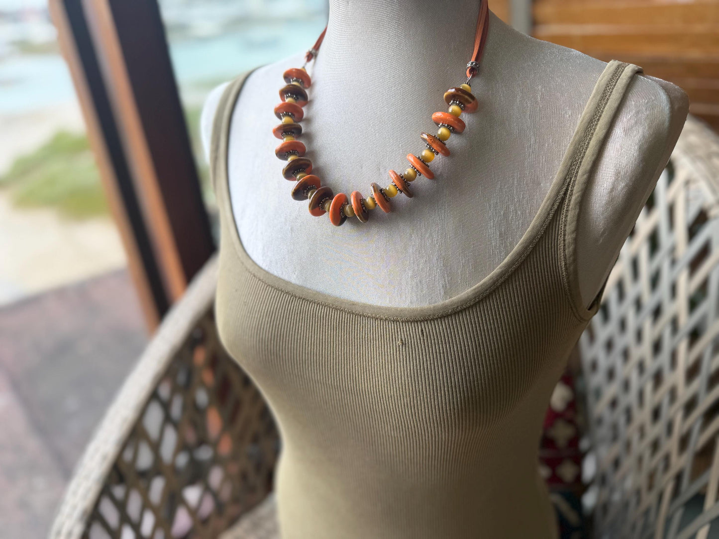 Joyful orange statement necklace. Vintage jewellery, ethical jewellery, orange pendant, boho unique necklace. Eco friendly jewellery.