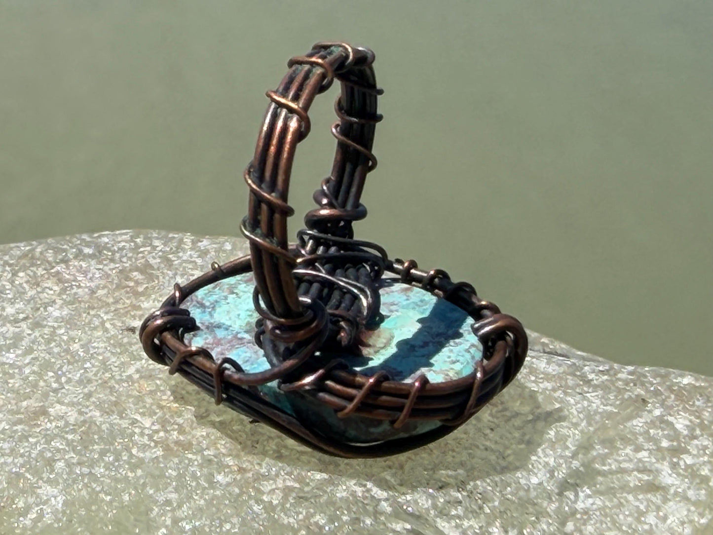 Chrysocolla ring wrapped in recycled copper. Handmade ethical jewellery. Eco friendly and unusual jewellery. Blue gemstone ring. Eco gifts.