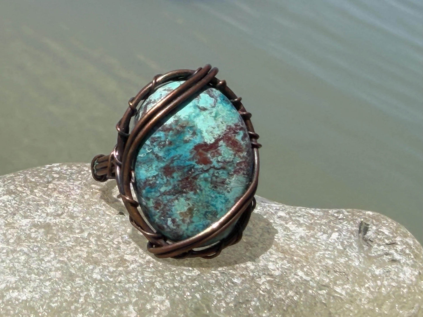 Chrysocolla ring wrapped in recycled copper. Handmade ethical jewellery. Eco friendly and unusual jewellery. Blue gemstone ring. Eco gifts.