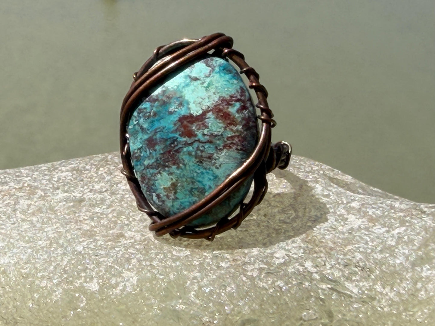 Chrysocolla ring wrapped in recycled copper. Handmade ethical jewellery. Eco friendly and unusual jewellery. Blue gemstone ring. Eco gifts.