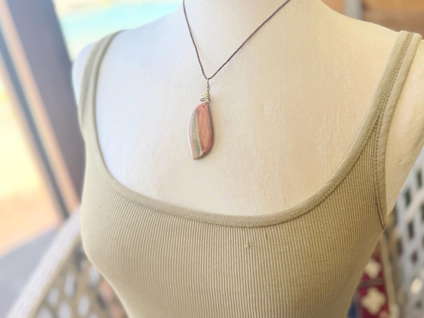 Polychrome jasper gemstone necklace. Ethical jewellery, unusual gemstone pendants. Stunning unique jewellery. Unique gifts. Unique necklace.
