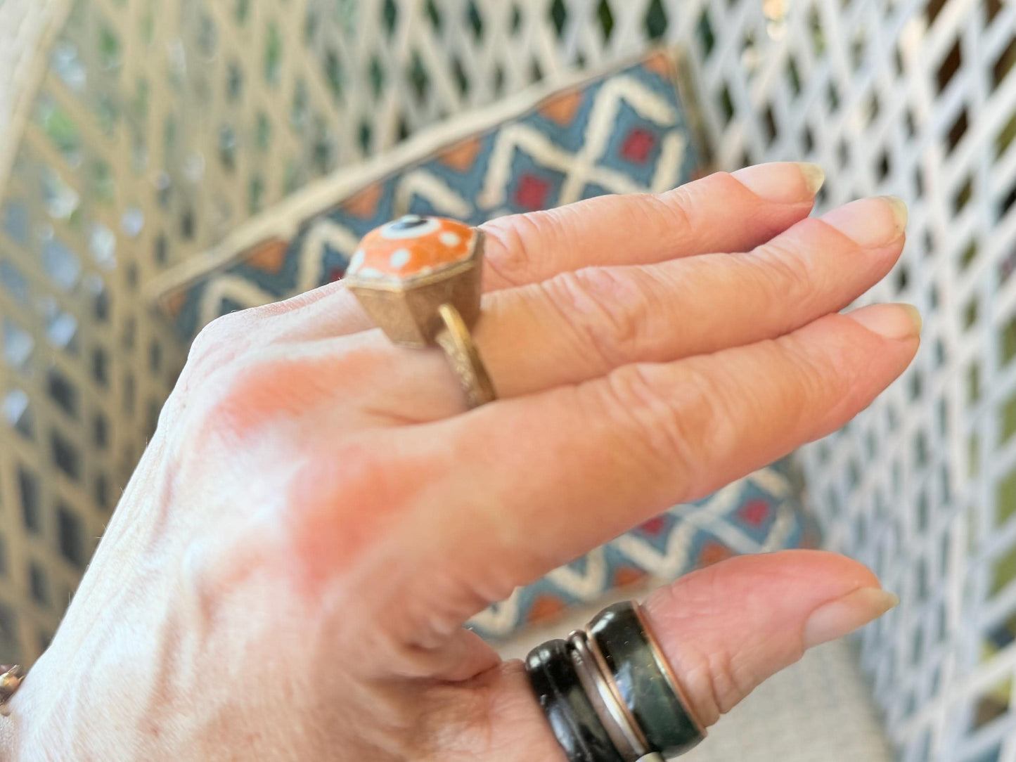 Fabulous vintage orange ring made from brass and enamel. Statement ring. Eco friendly jewellery. Ethical jewellery. Orange jewellery.